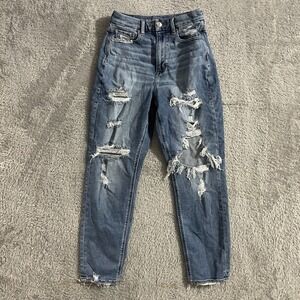 American Eagle Jeans Womens Size‎ 4 Curvy Mom Jean Stretch Blue Distressed Denim